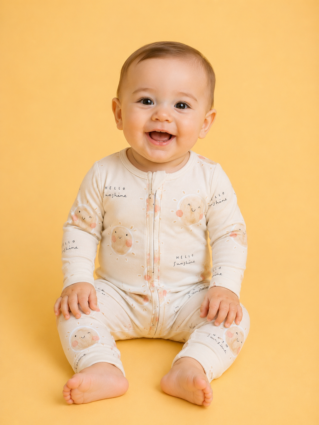 A smiling baby with short brown hair sits on the floor against a yellow background, wearing the Tiny Tot Bundles Sunshine State Long Zippy decorated with sun and Hello Sunshine patterns, and looks at the camera.