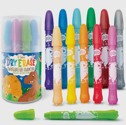 The Piggy Store’s Dry Erase Gel Crayons - Dinosaur set features 12 colorful twistable crayons for dry erase boards, with playful dinosaur-themed packaging and one green crayon displayed in front.