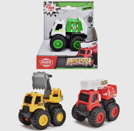 Three Toy Smith vehicles for kids: at the top, a green and white Simba Dickie recycling truck in packaging; below, a yellow excavator and a red Mighty Engines Monster Truck with large wheels, all on a white background.