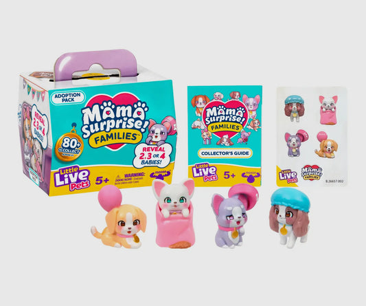 The Toy Smith Moose Toys - Little Live Pets Mama Surprise Families Adoption set includes a colorful box, collector’s guide, sticker sheet, and four small animal figurines.
