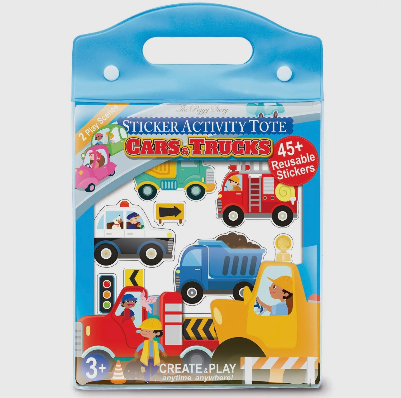 The Piggy Store's Sticker Activity Tote - Cars & Trucks features colorful vehicles and construction-themed packaging, includes over 45 reusable stickers, and is designed for children ages 3 and up.