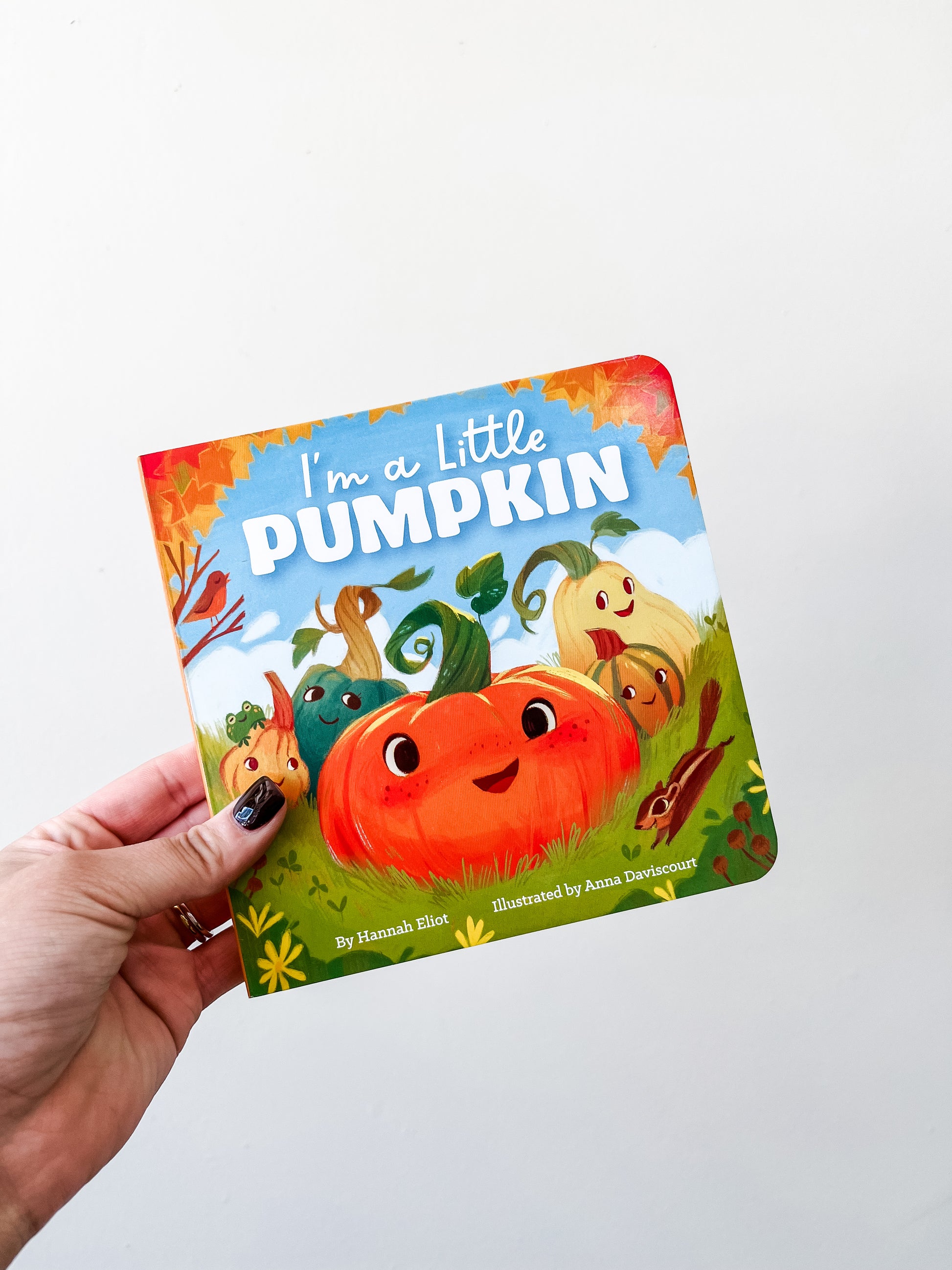 A hand holds Tiny Tot Bundles' "I'm A Little Pumpkin Book," showing a smiling pumpkin and other cute veggies and animals on its colorful cover.