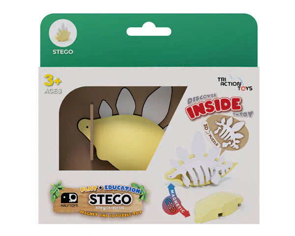The Triaction STEM Magnetic Puzzle Toys package features a yellow 3D stegosaurus for ages 3+, showing the assembled dinosaur with detachable bones, labeled STEGO and Discover Inside the Toy! Play + Education.