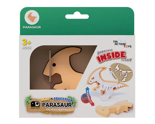 The Triaction STEM Magnetic Puzzle Toys boxed set features a wooden Parasaur piece, a Parasaurolophus illustration, and packaging that highlights play, educational value, and magnetic 3D puzzle benefits for ages 3+.