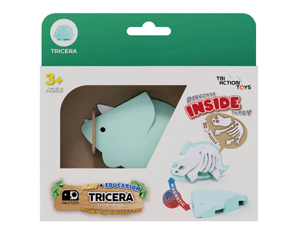 A toy package labeled “STEM Magnetic Puzzle Toys” by Triaction shows a light blue triceratops toy with its 3D puzzle skeleton. The box features fun, educational text and is marked for ages 3 and up.