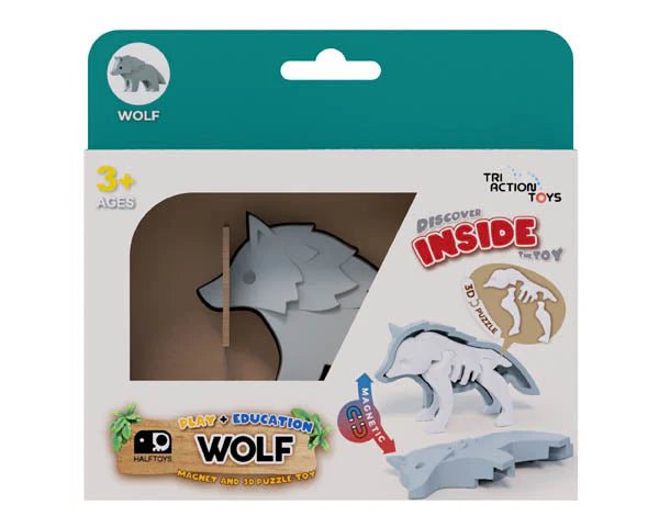 Triaction STEM Magnetic Puzzle Toys for ages 3+ come in wolf-themed packaging. The box features gray pieces that form a wolf, with “Discover Inside the Toy” and “Play + Education Wolf” printed on it.