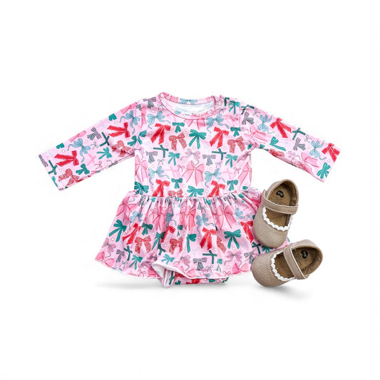 Holiday Bows Longsleeve Twirl Romper