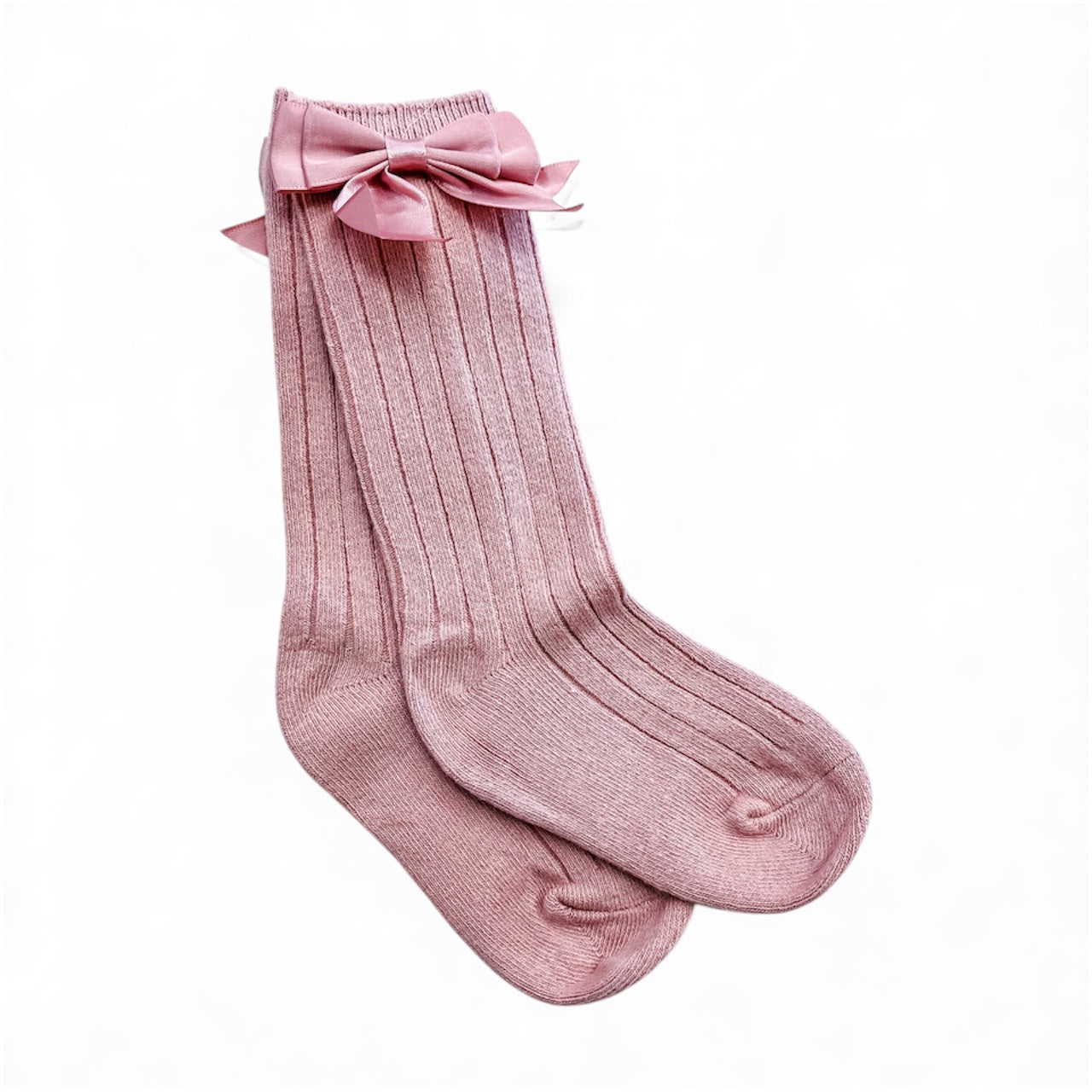 Pretty Bow Ribbed Socks by Tiny Tot Bundles: pink, ribbed knee-high socks featuring decorative bows near the top, shown on a plain white background.