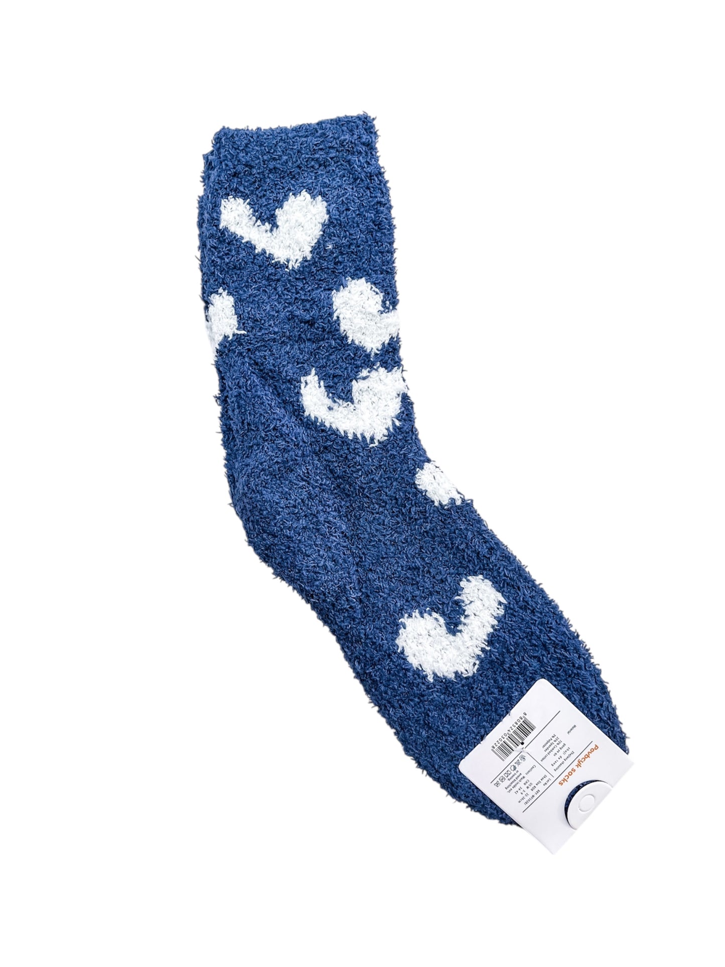 A single Sweetheart Lounge Sock by love & repeat, blue with white heart patterns and a barcode label near the toe, displayed on a white background.