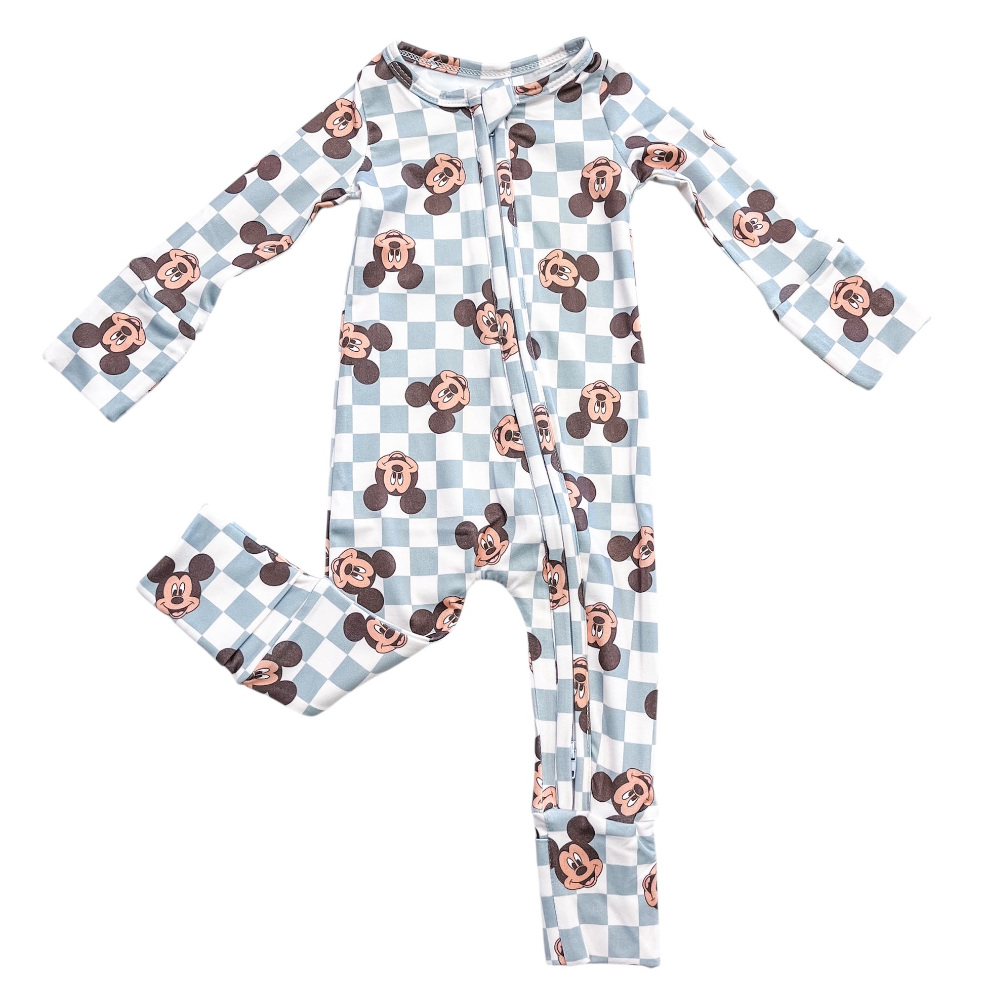 The Tiny Tot Bundles Classic Mouse Checkered Zippy is a long-sleeve, one-piece baby pajama with blue and white checks, featuring cartoon mouse faces and a front zipper.