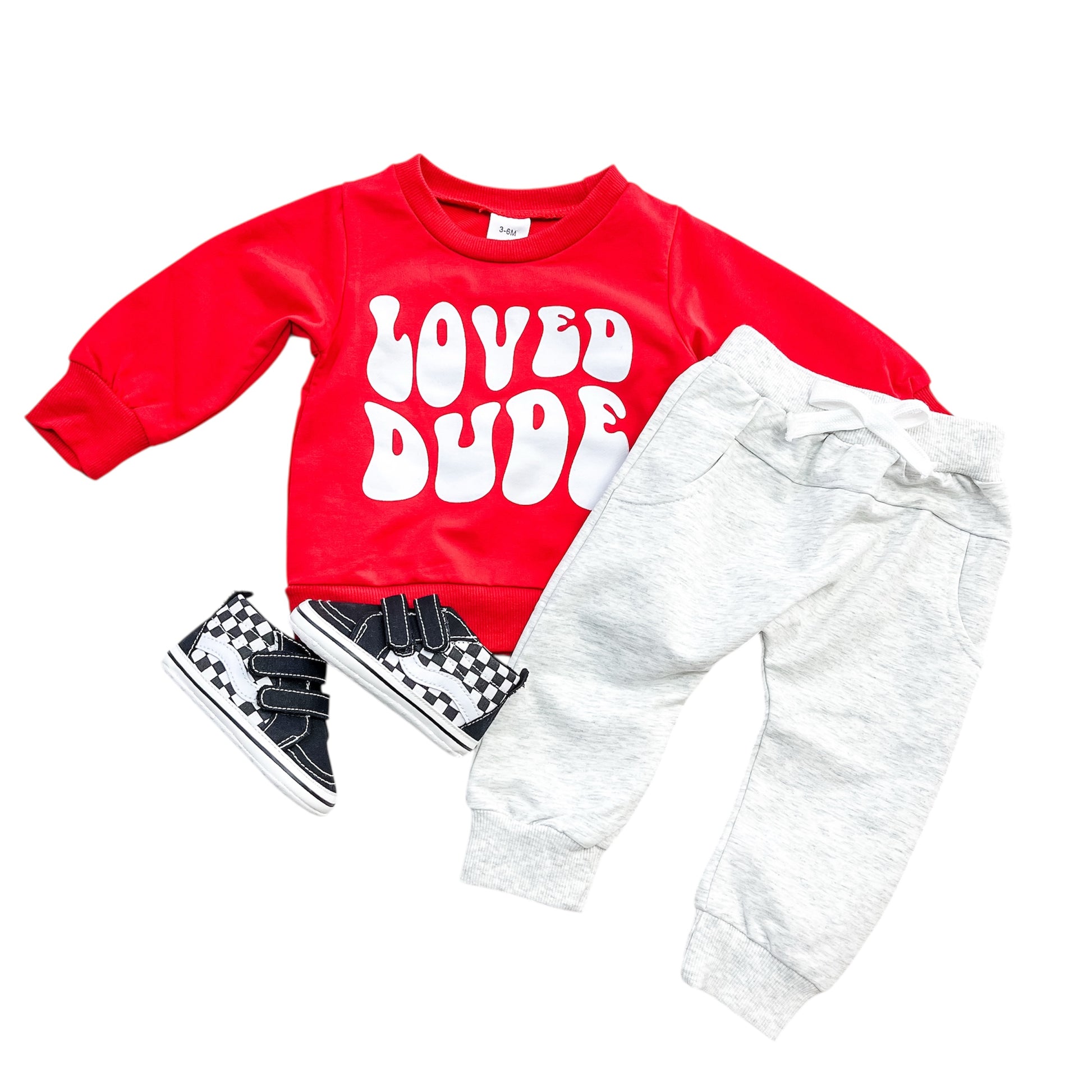 The Loved Dude Lounge Set by Tiny Tot Bundles includes a red sweater and pants.