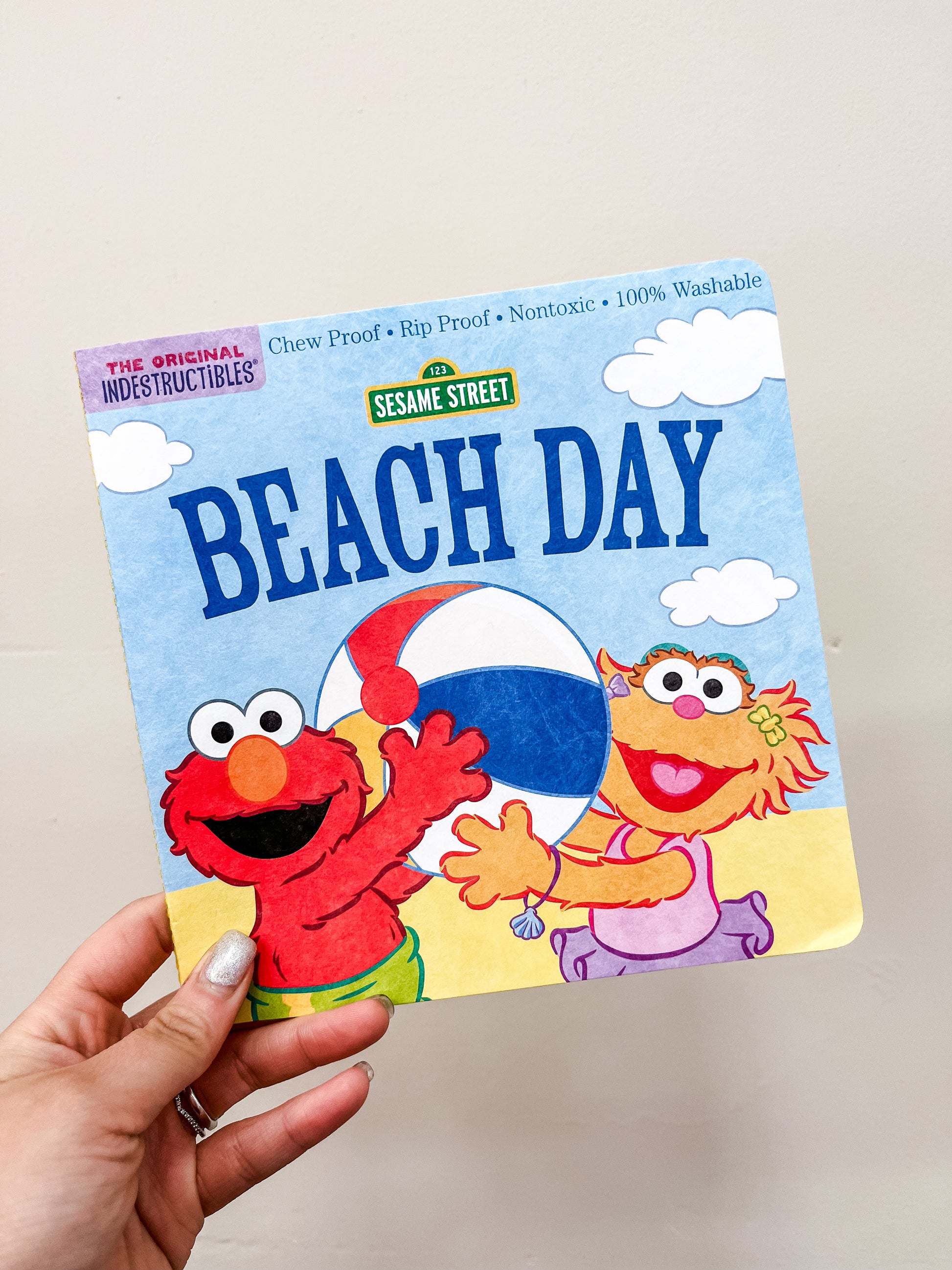 A hand holds the Beach Day Book by Hachette Book Group, showing Sesame Street’s Elmo and Abby playing with a beach ball under a blue sky on the colorful cover.