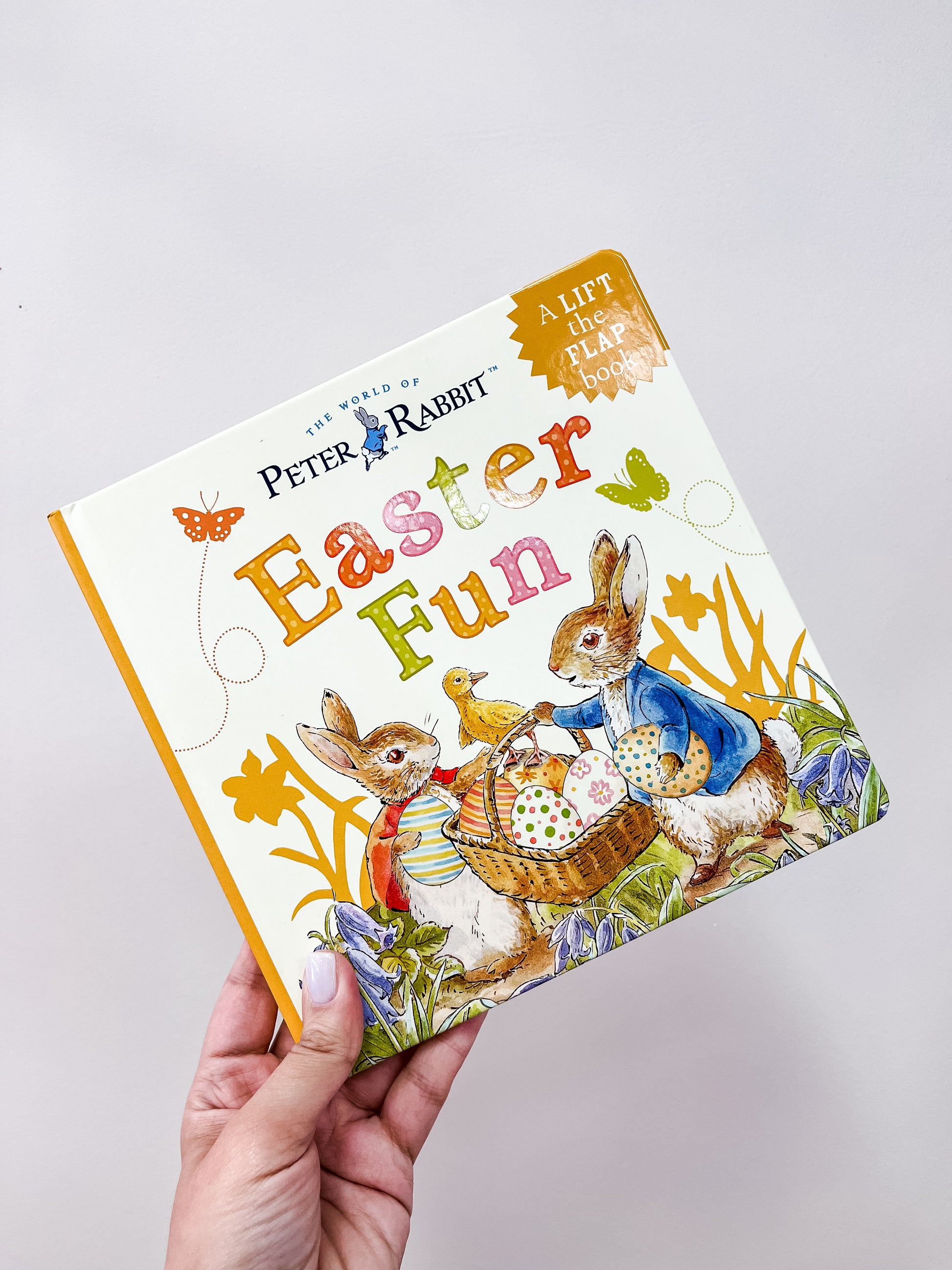 A hand holds the Peter The Rabbit Easter Fun Book by Tiny Tot Bundles. The colorful cover shows two rabbits in bright outfits with Easter eggs, surrounded by flowers and a butterfly.