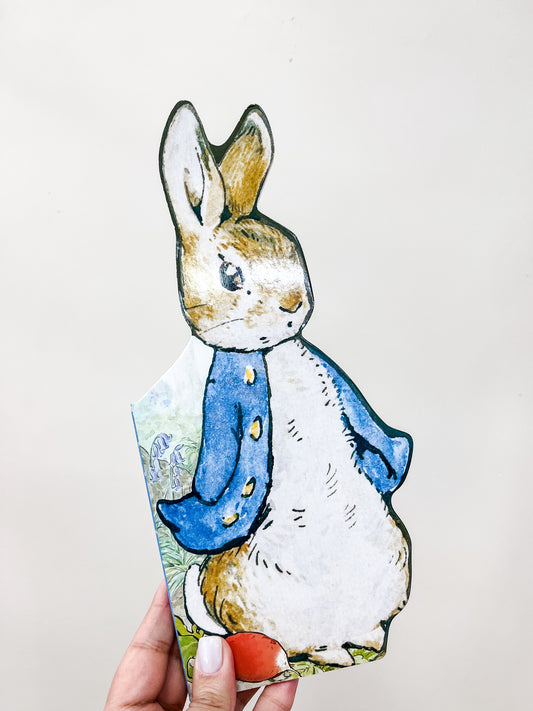 A hand holds a cutout of Peter Rabbit from the "All About Peter Book" by Tiny Tot Bundles, showing the classic white and brown bunny in a blue coat against a plain, light background.