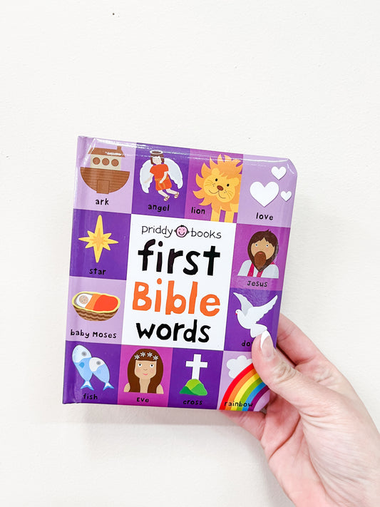 A hand holds the First Bible Words Book by Macmillan Publishers, featuring a colorful cover with biblical symbols and characters in purple, white, and orange.
