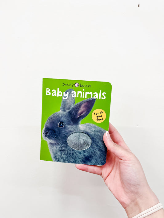 A hand holds the T & F - Baby Animals Book by Macmillan Publishers, featuring a green cover with a photo of a gray rabbit and a touch-and-feel fur patch.