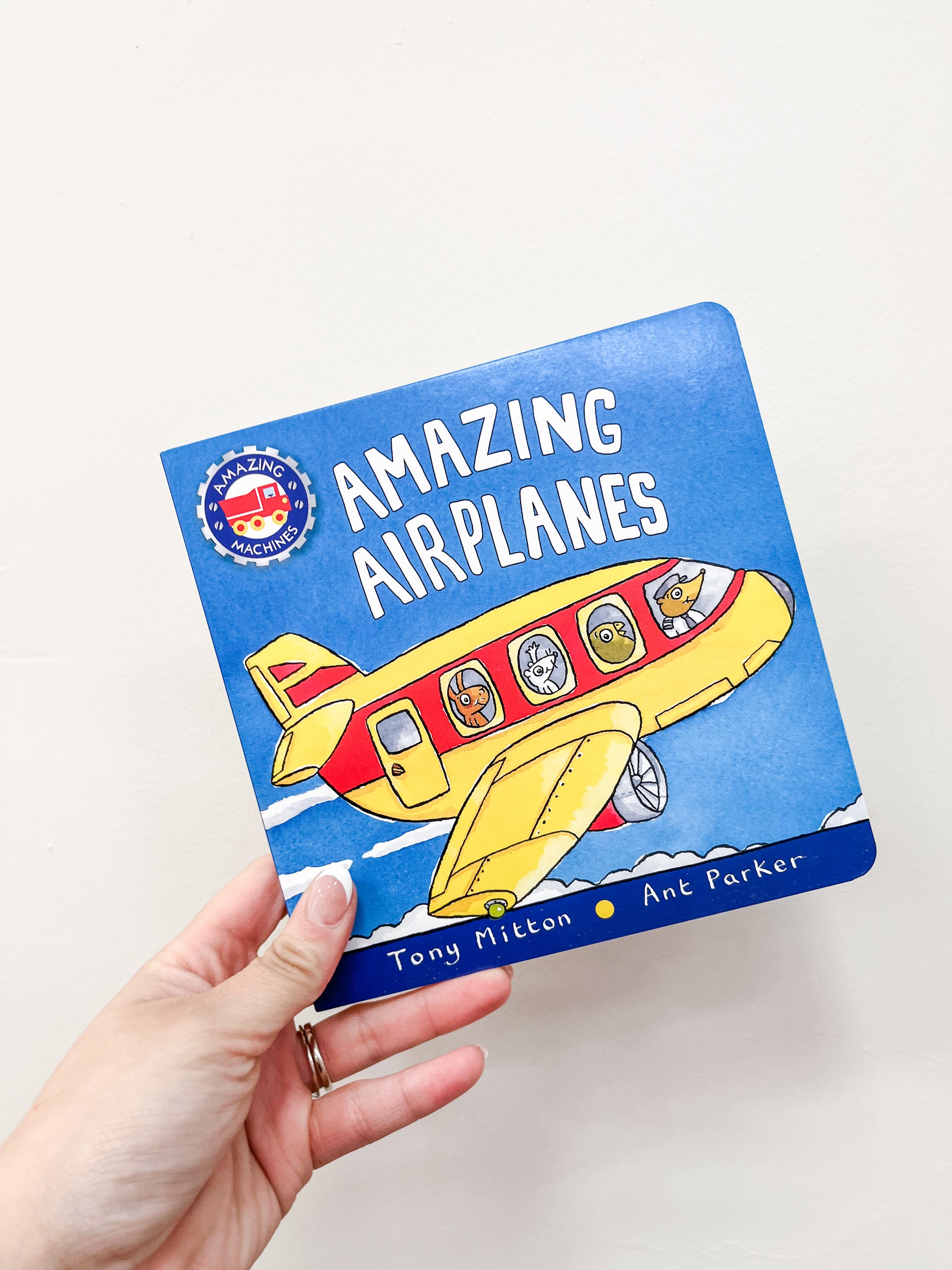 A hand holds the Amazing Airplanes Book by Macmillan Publishers. The cover features cartoon animals in a red and yellow airplane flying through a blue sky with clouds.