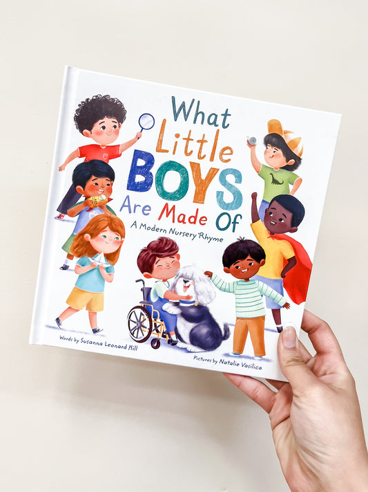 A hand holds the Sourcebooks "What Little Boys Are Made of Book," featuring a cover with diverse boys in playful costumes, smiling and interacting.