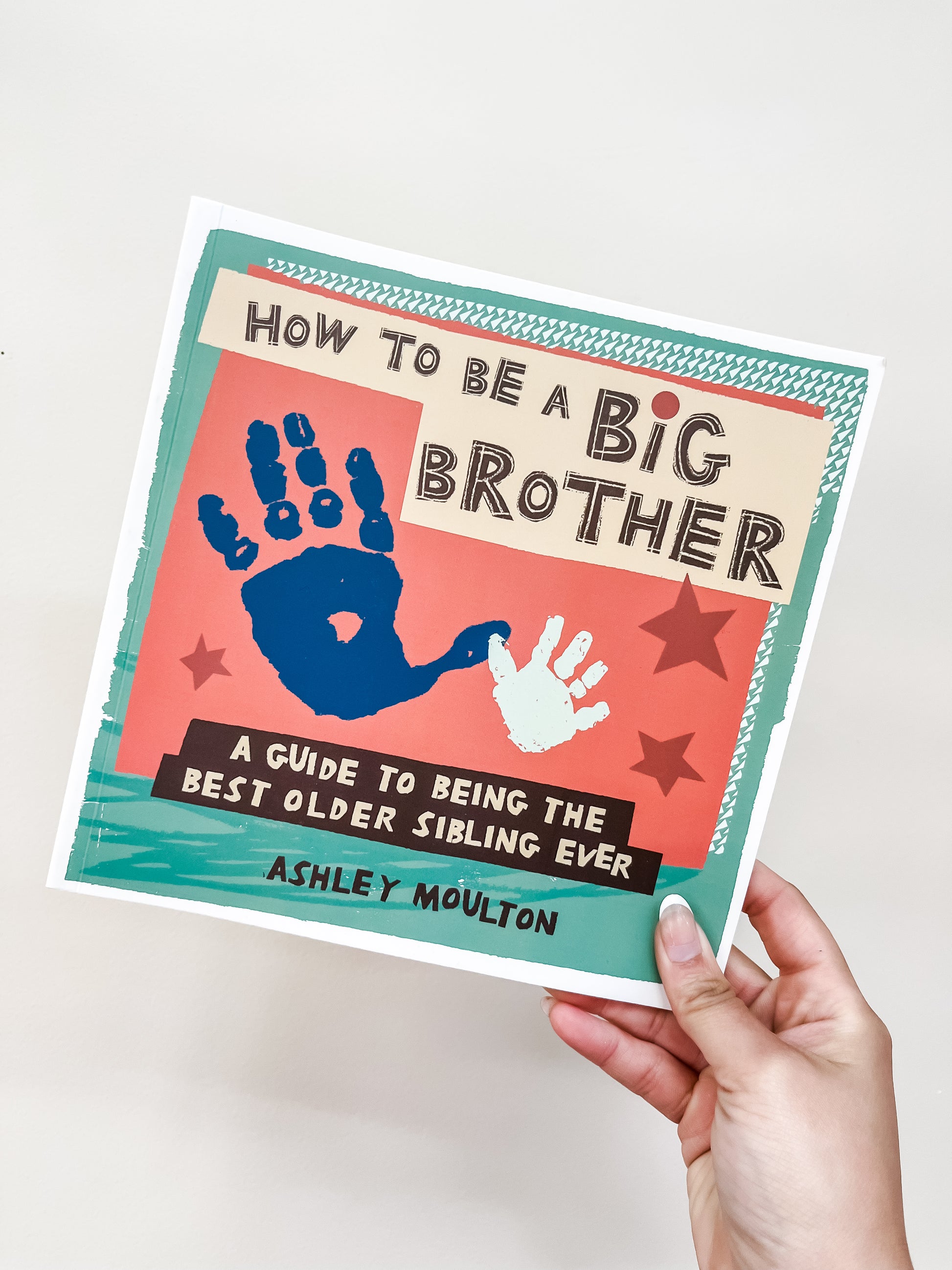 A hand holds the Sourcebooks title "How To Be A Big Brother Book," featuring large and small handprints with star accents on a red and green cover.