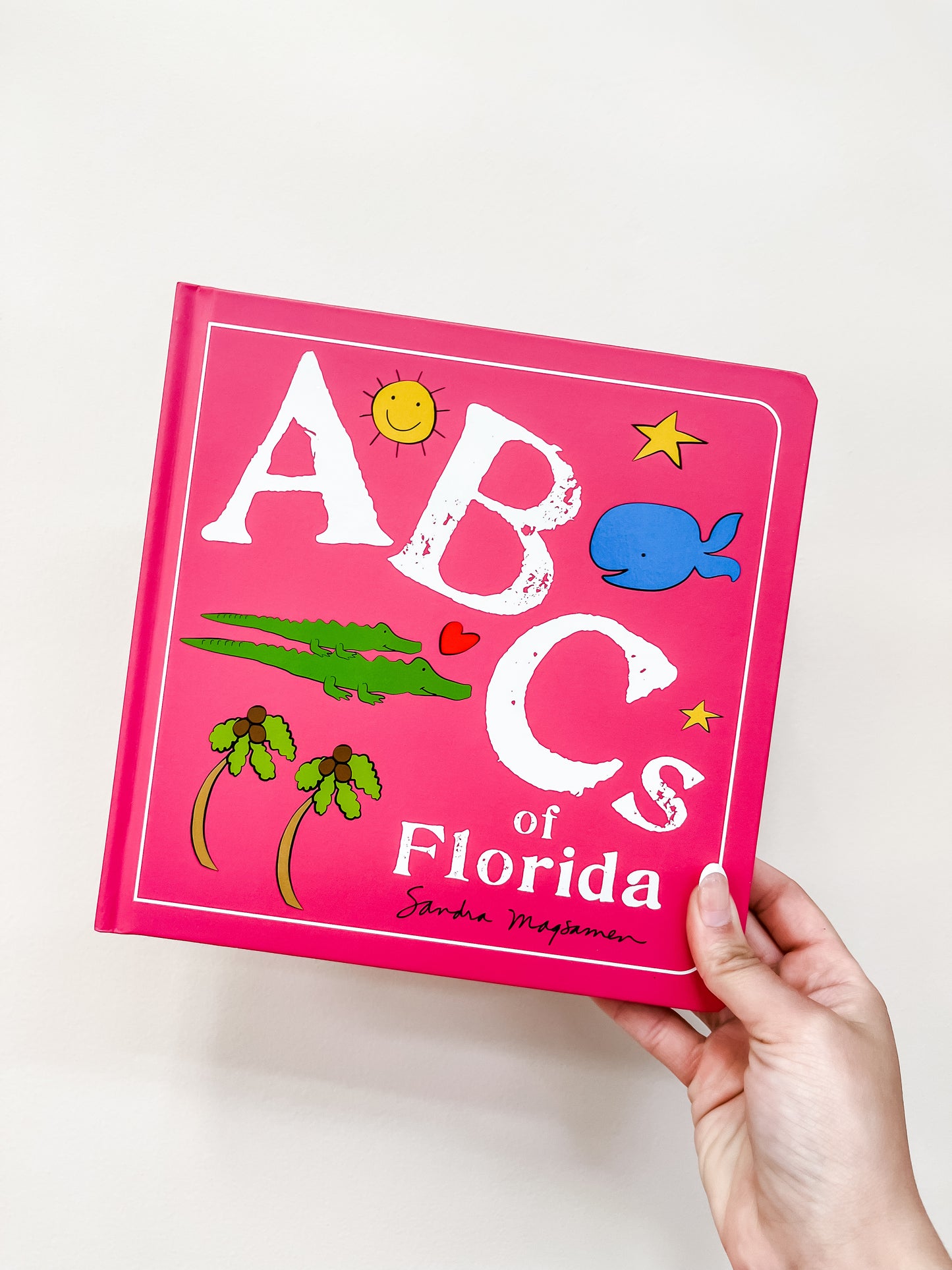 A hand holds the Abcs of Florida Book by sour, featuring playful cover illustrations of a sun, whale, alligator, palm trees, and a heart.