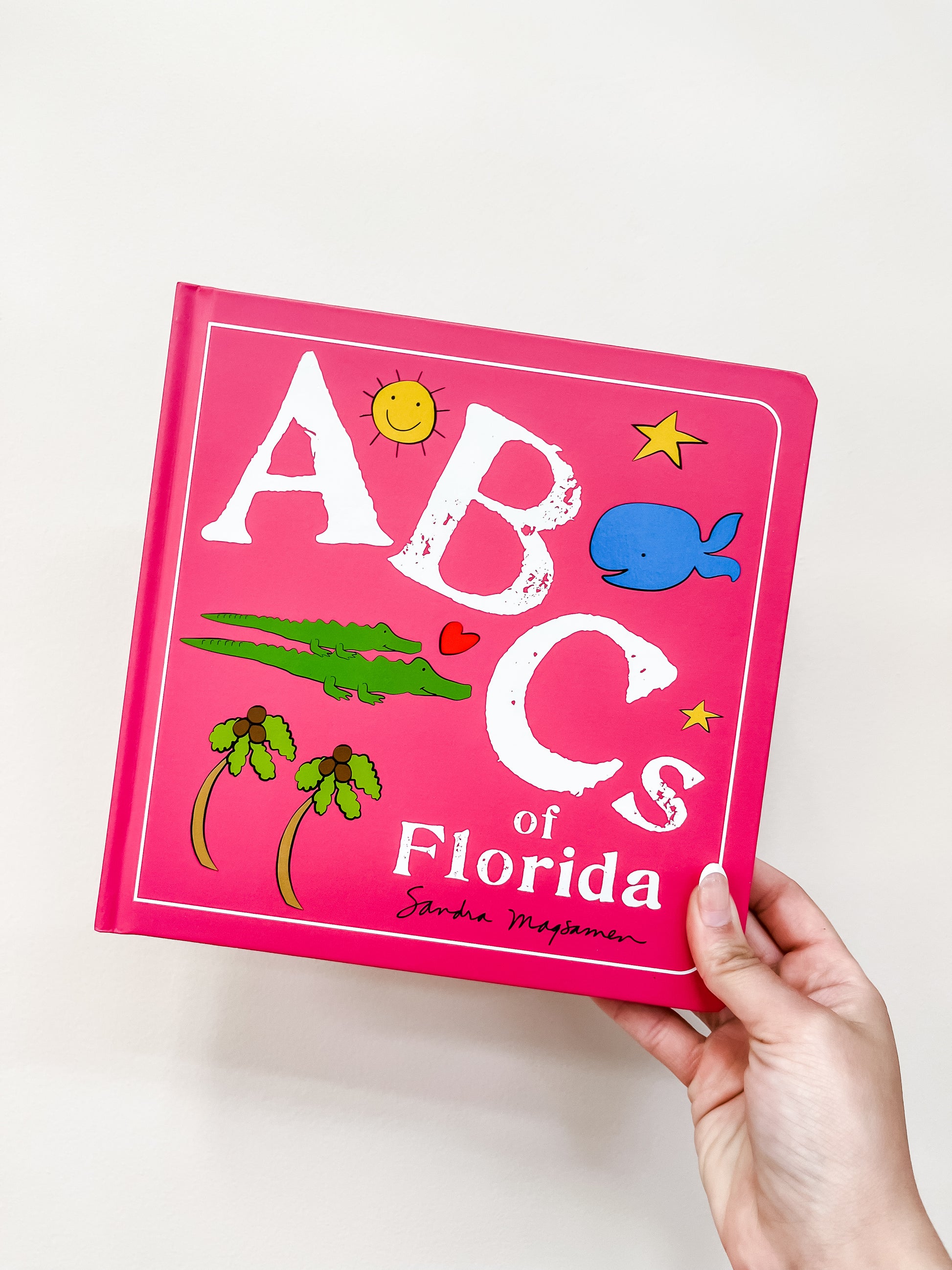 A hand holds the Abcs of Florida Book by sour, featuring playful cover illustrations of a sun, whale, alligator, palm trees, and a heart.