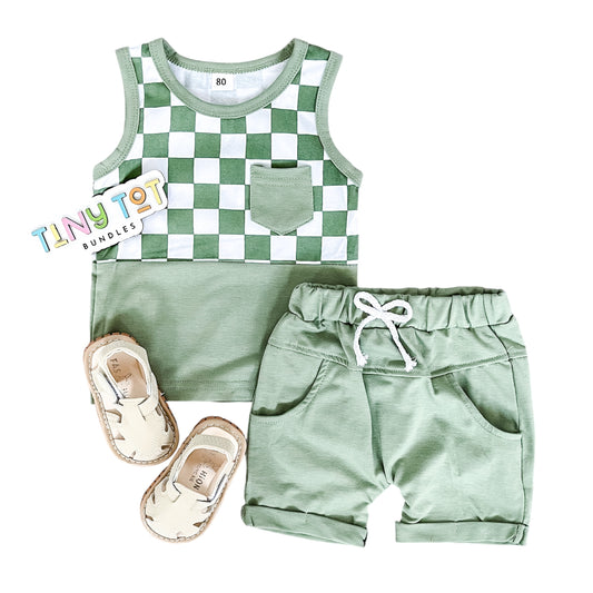 Green Tank Checkered Short Set