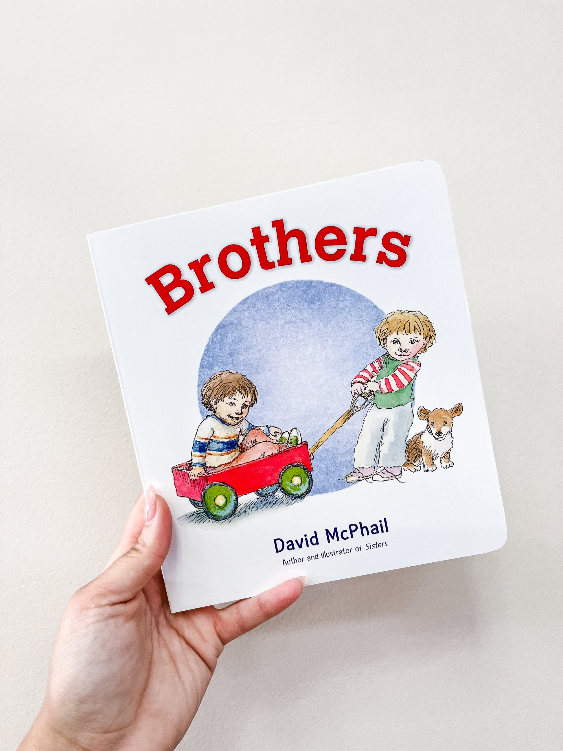 A hand holds the Brothers Book by HarperCollins, featuring a cover with two boys—one pulling a red wagon with the other riding inside—and a small dog walking beside them.