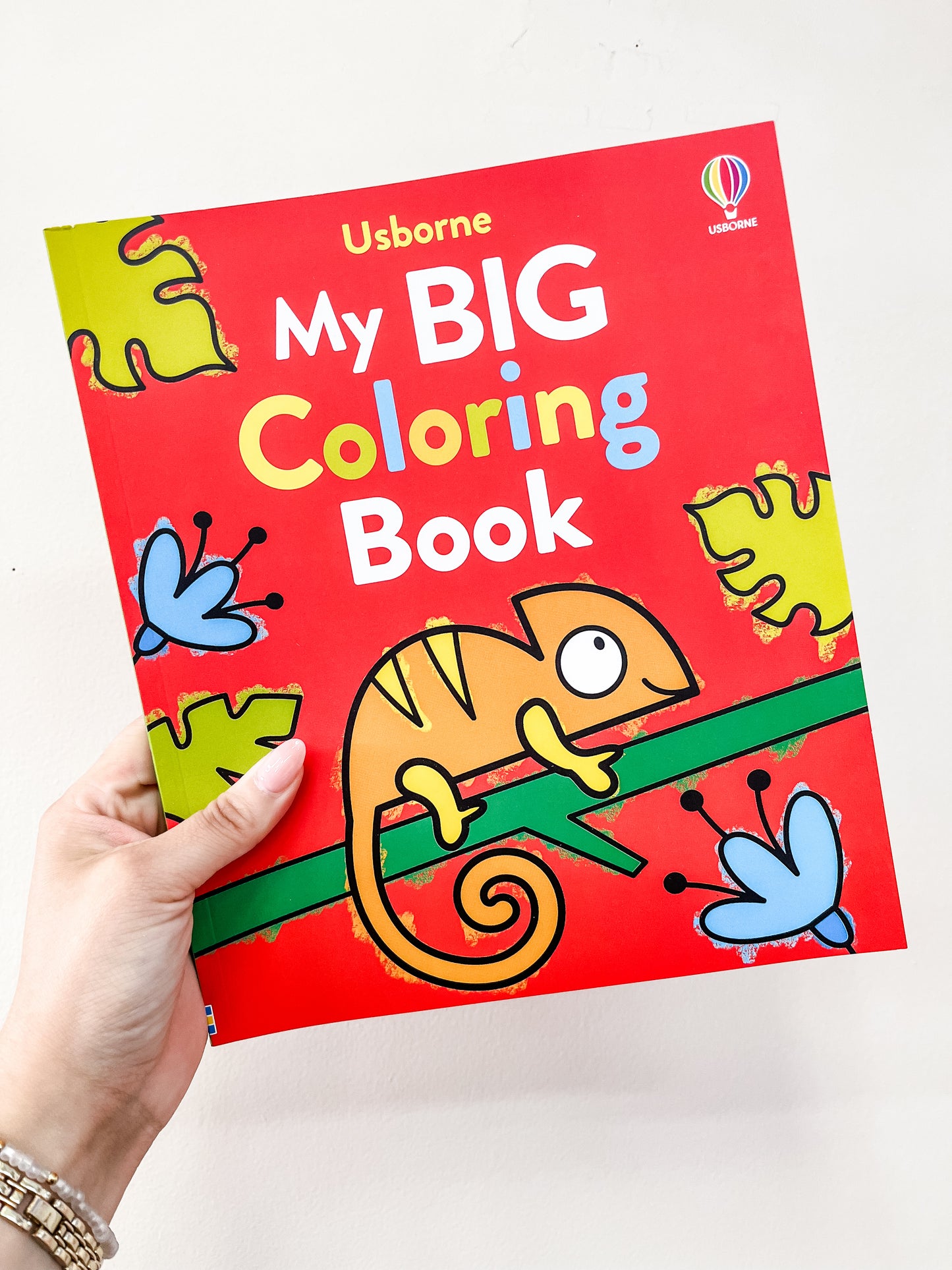 A hand holds a colorful children’s book titled "My Big Coloring Book" by Harper Collins, featuring a cartoon chameleon on a branch with leaves and blue bugs on a bright red cover.