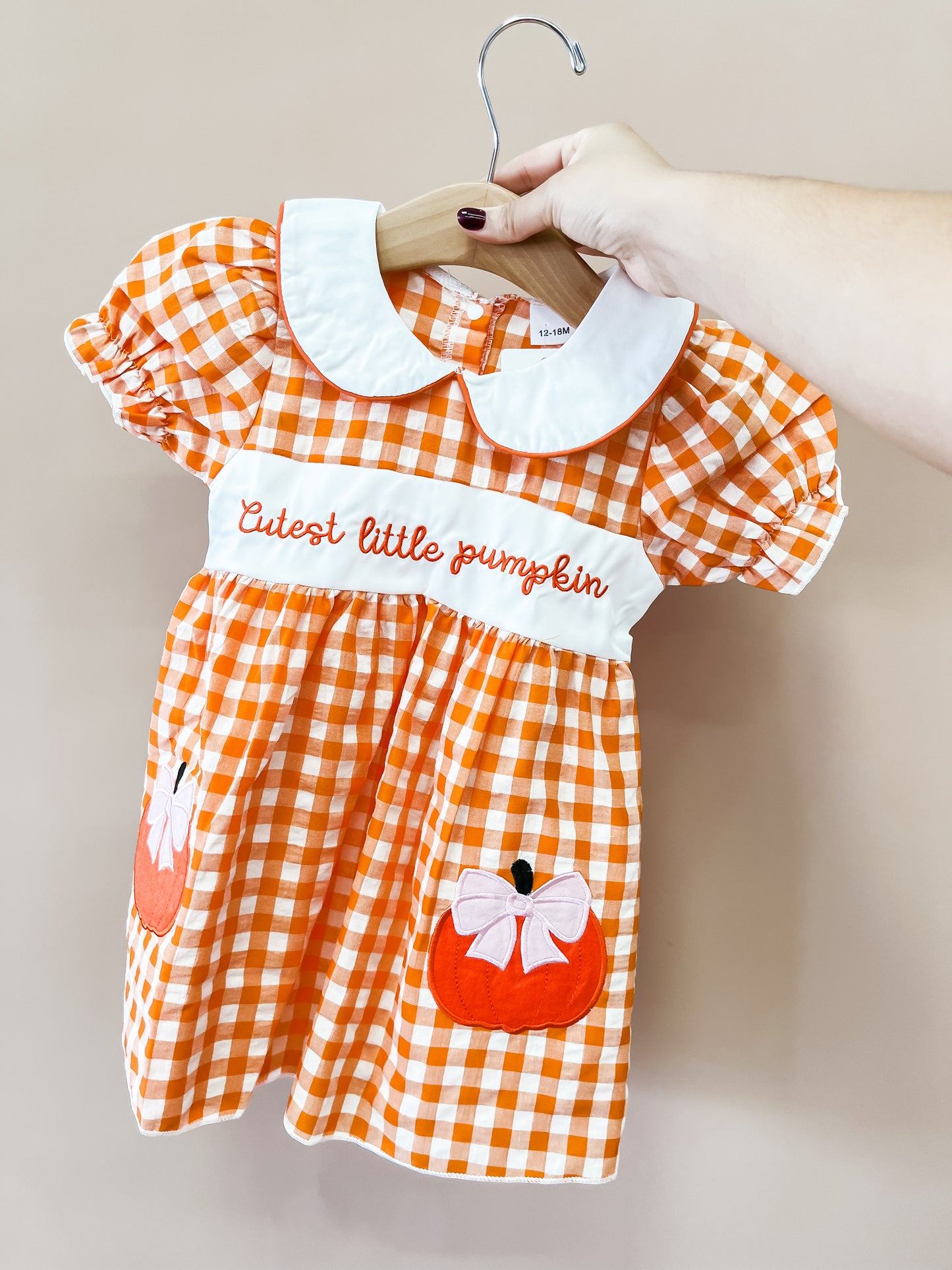 A hand holds the Darlin Pumpkin Gingham Dress by Tiny Tot Bundles, a child’s orange and white gingham dress featuring puff sleeves, a white collar, pumpkin appliqués, bows, and embroidered text reading “Cutest little pumpkin.”.