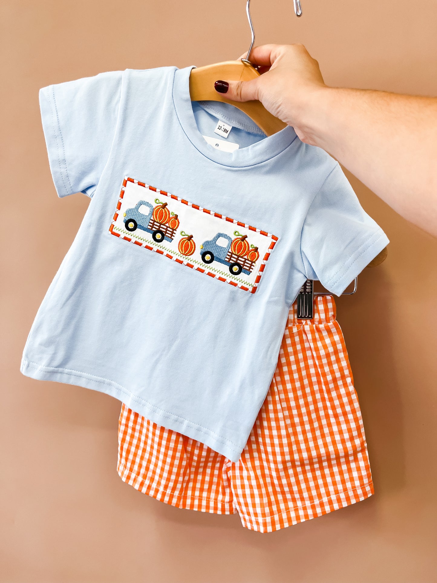 A hand holds up the Tiny Tot Bundles “Pumpkin Haul Short Set,” featuring a light blue shirt with trucks carrying pumpkins and orange gingham shorts, against a beige background.