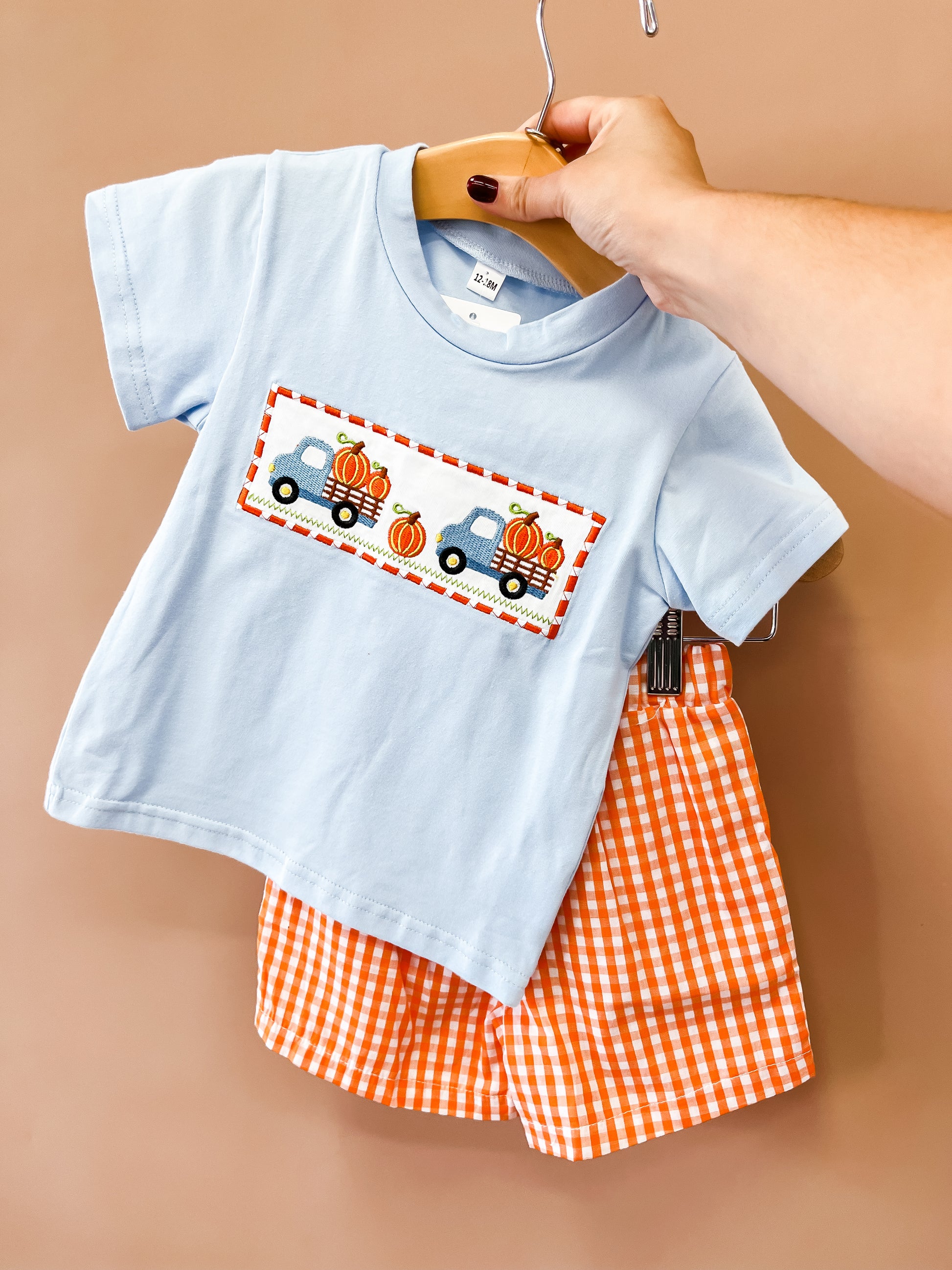 A hand holds up the Tiny Tot Bundles “Pumpkin Haul Short Set,” featuring a light blue shirt with trucks carrying pumpkins and orange gingham shorts, against a beige background.