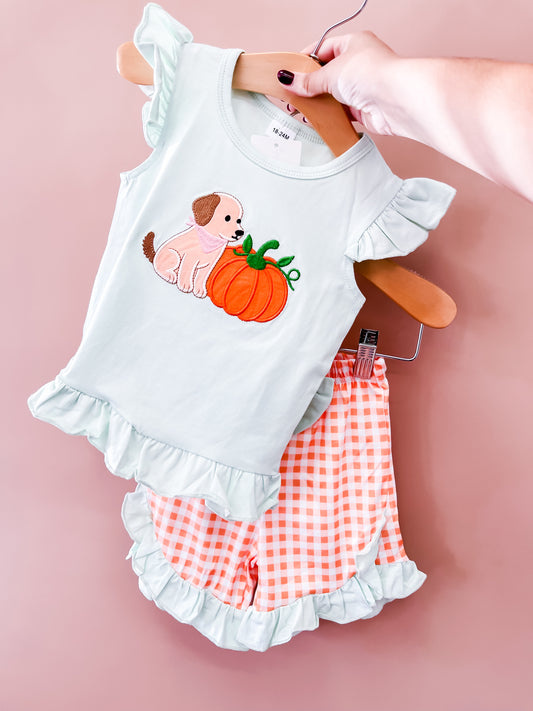 A hand holds the Pumpkin Puppy Gingham Set by Tiny Tot Bundles: a light blue ruffled top featuring a puppy and pumpkin design, paired with orange-and-white checkered shorts adorned with matching blue ruffles.