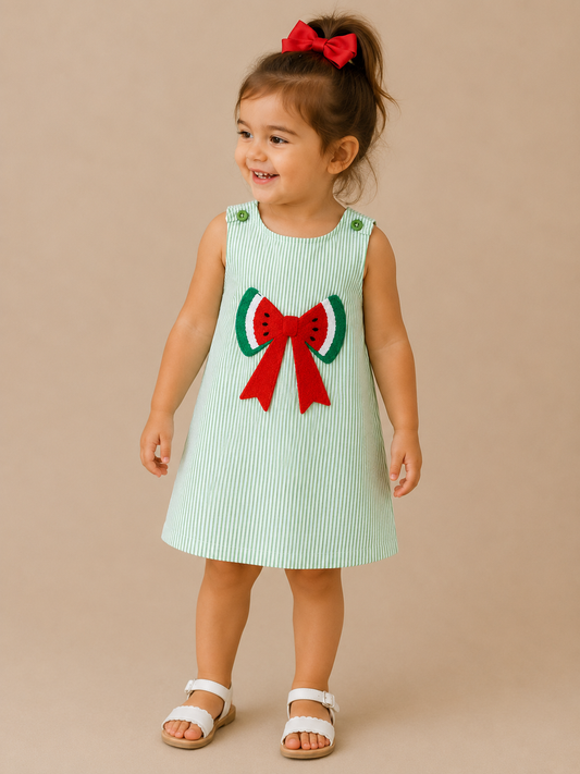 A young girl in the Tiny Tot Bundles Watermelon Wishes Dress, featuring a light green sleeveless style with a watermelon and red bow design, smiles as she stands in white sandals against a neutral background.