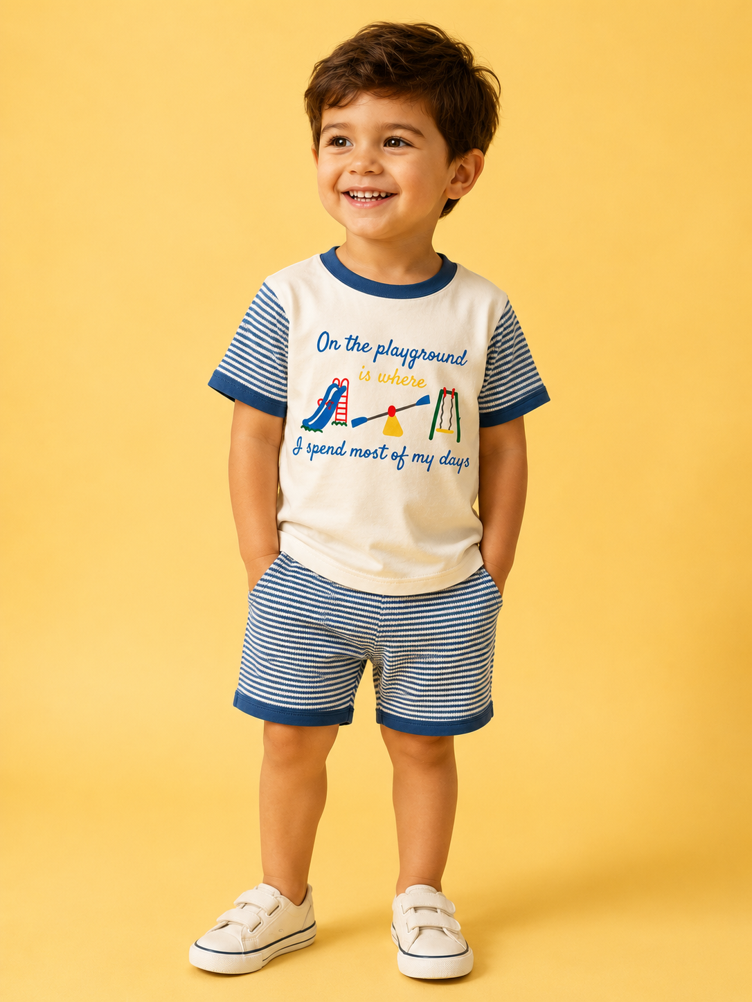 A smiling young boy wears the Playground Day's Set from Tiny Tot Bundles—featuring a cream and blue playground-themed t-shirt with blue and white striped shorts—posing with hands in pockets against a yellow background.