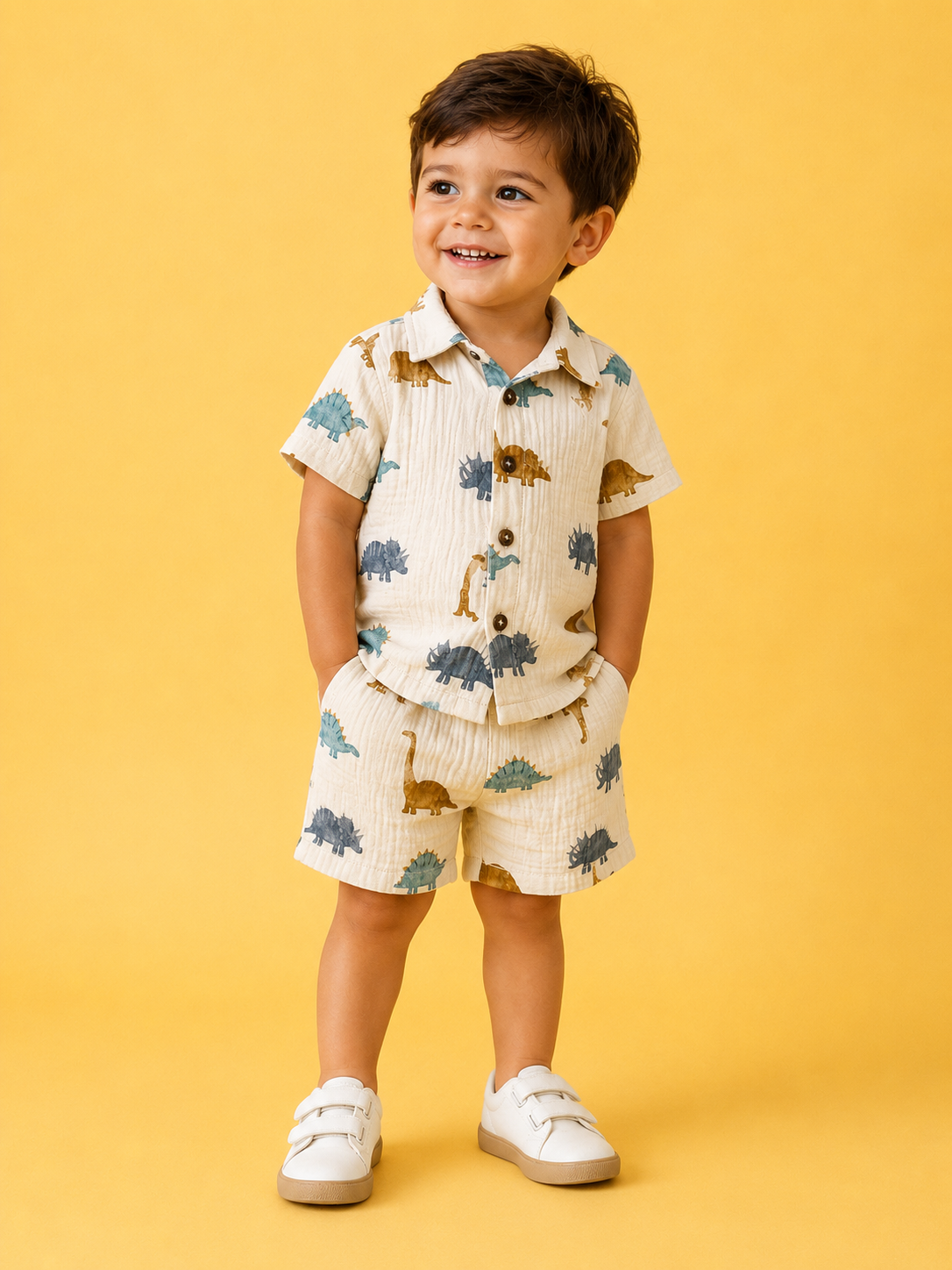 A young child smiles against a yellow background, wearing the Tiny Tot Bundles Dino Linen Collard Set—cream-colored shirt and shorts with colorful dinosaur prints—and white velcro-strap shoes.