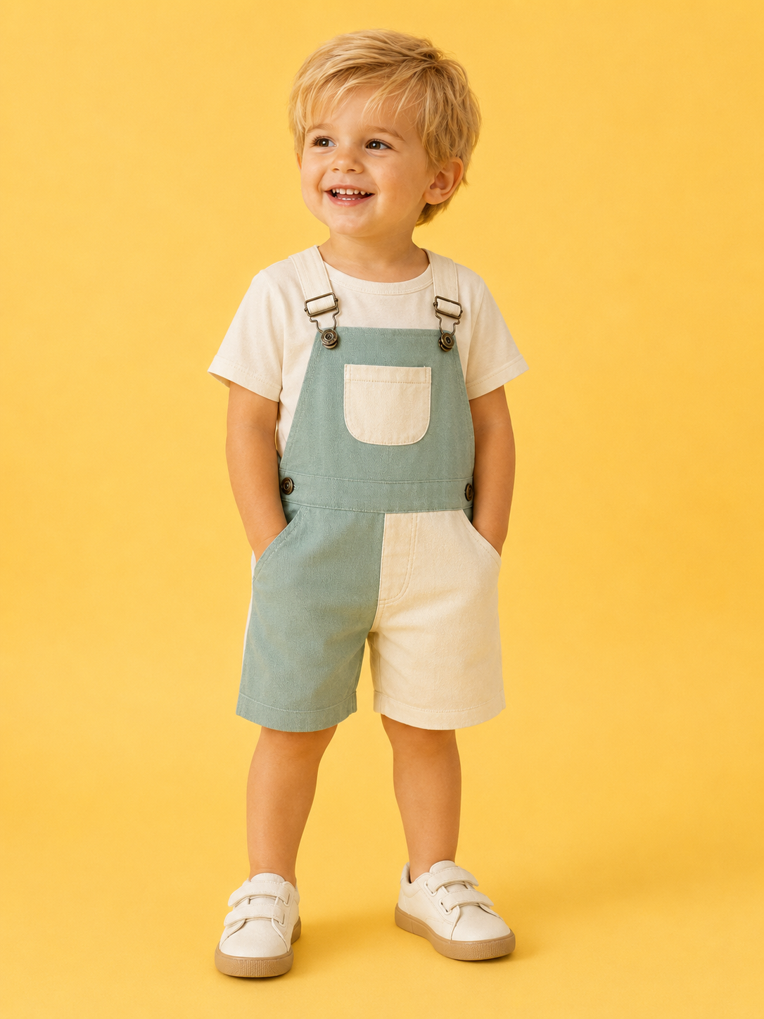 A young child smiles against a yellow background, wearing Tiny Tot Bundles' Green Color Block Overalls over a white t-shirt and paired with white sneakers.