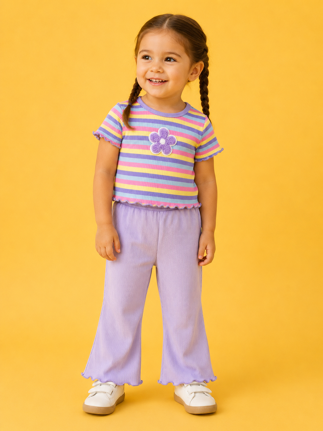 A young girl with brown braided hair smiles against a yellow background, wearing the Floral Rainbow Row Set from Tiny Tot Bundles: a striped pastel shirt with a purple flower, light purple pants, and white shoes.