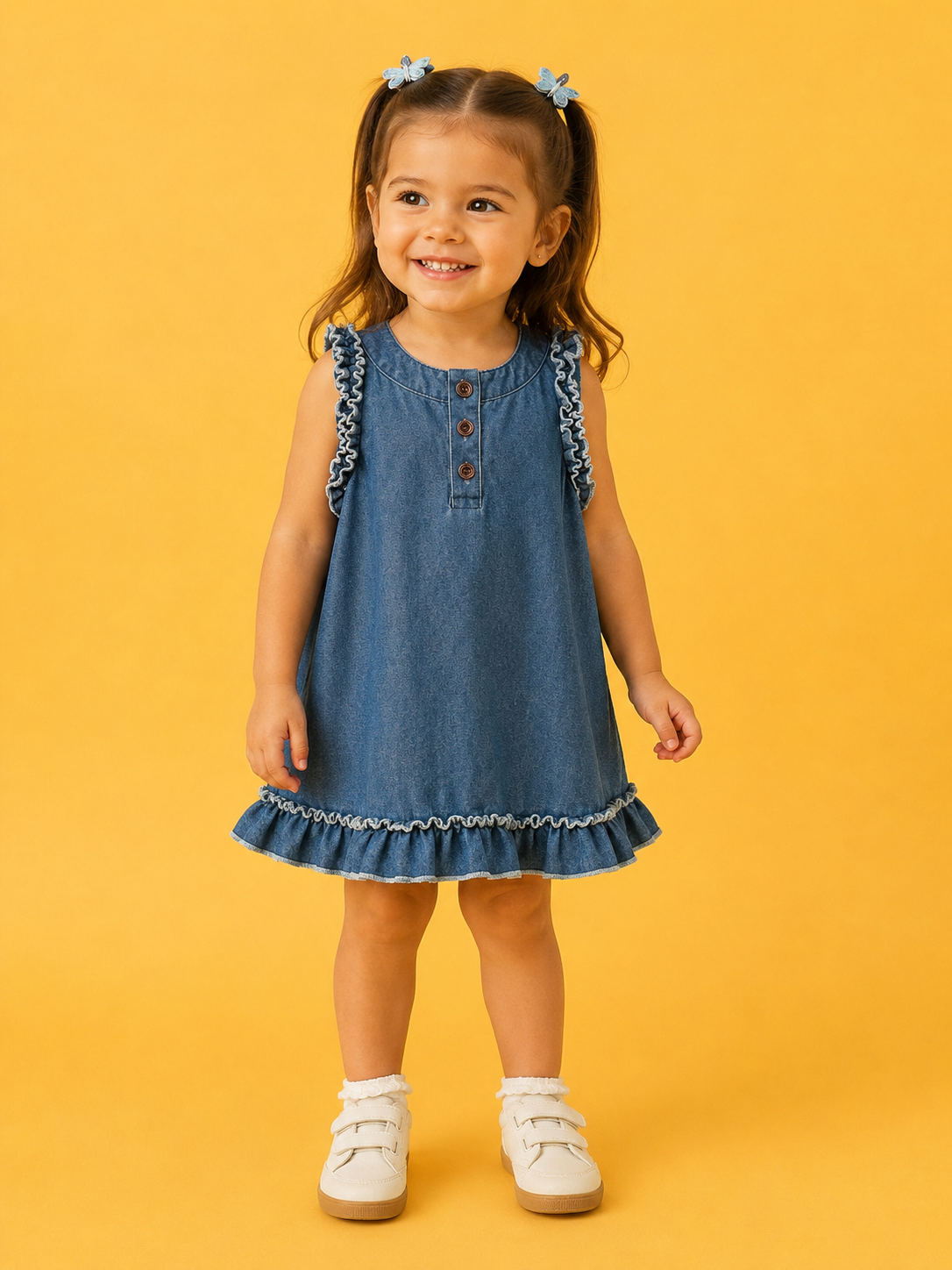 A young girl with brown hair in pigtails smiles against a yellow background, wearing the Denim Ruffle Dress by Tiny Tot Bundles, paired with white socks and shoes.