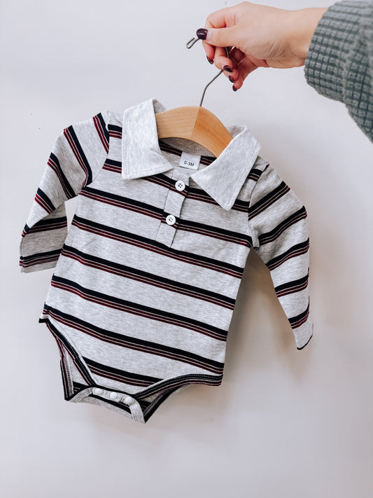 Maroon Striped Polo Romper with long sleeves, a polo collar, and maroon, black, and gray horizontal stripes.