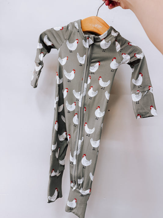 Tiny Tot Bundles Cluckin’ Cute Zippy in gray with an all-over print of white chickens featuring red combs.