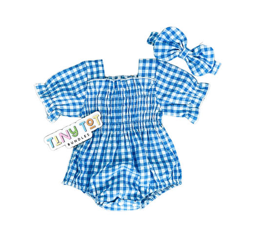 Gingham Blue Scrunch Romper