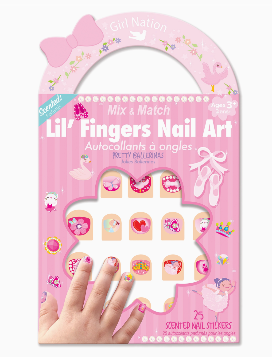 Girl Nation Lil' Fingers Nail Art features ballerina-themed, scented nail stickers (25 included), a pink package with purple bow handle, and a child’s hand displaying decorated nails. Suitable for ages 3 and up.