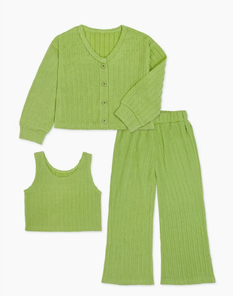 Cutie Patootie's Girl's Ribbed 3 Piece Set w/ Flare Leg in light green includes a long-sleeve button-up cardigan, sleeveless crop top, and wide-leg pants—all with a ribbed texture.