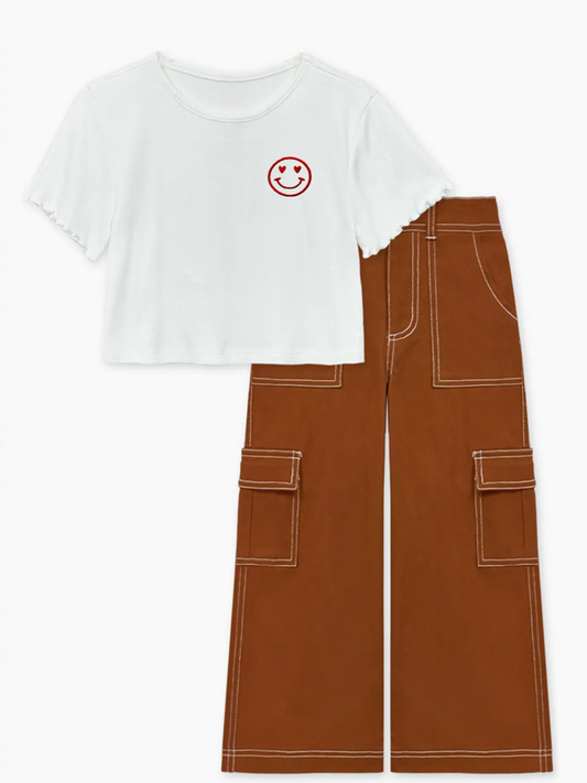 Girl's 2 Pc Top & Pant Set w/ Happy Face