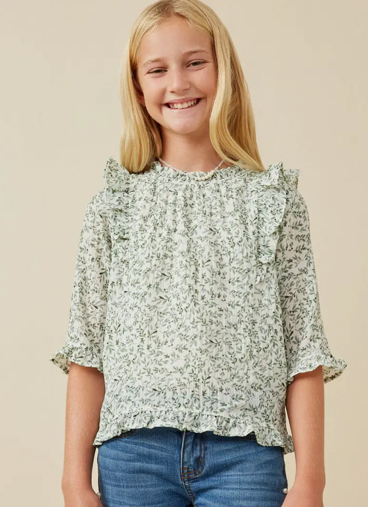 Girls Botanical Print Ruffle Detail Top