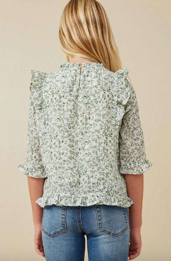 Girls Botanical Print Ruffle Detail Top