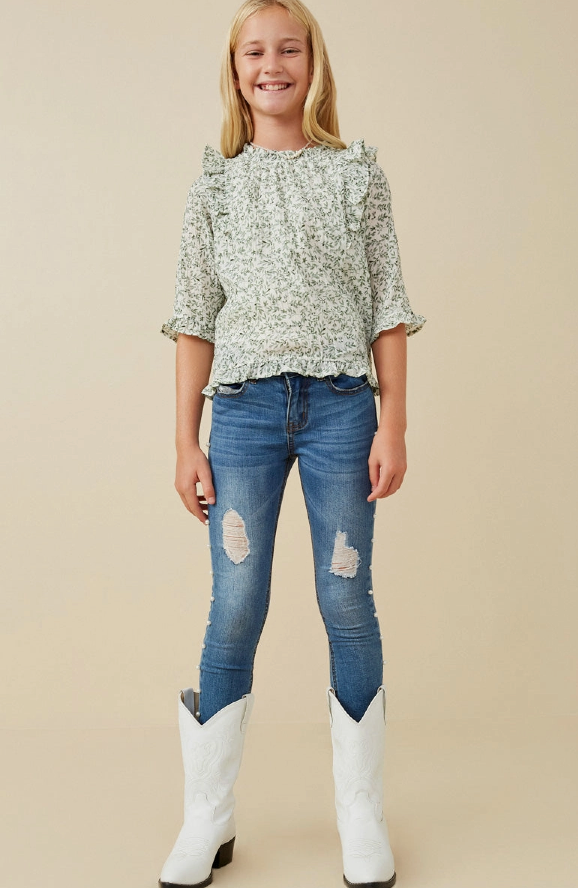 Girls Botanical Print Ruffle Detail Top