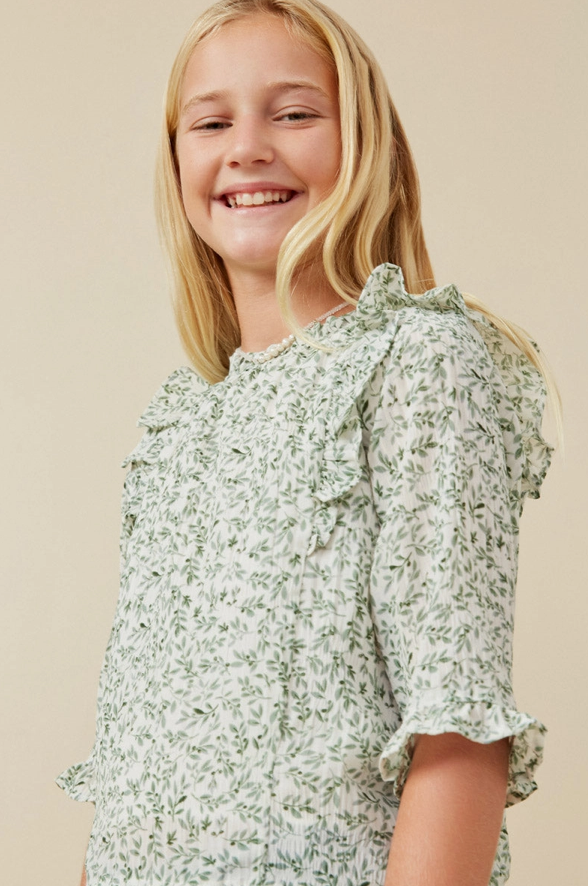 Girls Botanical Print Ruffle Detail Top