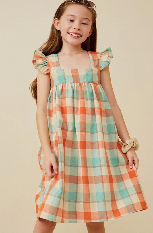 Girls Checked Ruffle Strap Tank Shift Dress