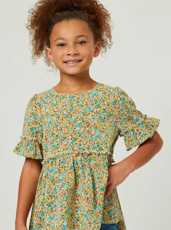 Girls Crinkle Floral Ruffle Sleeve Top